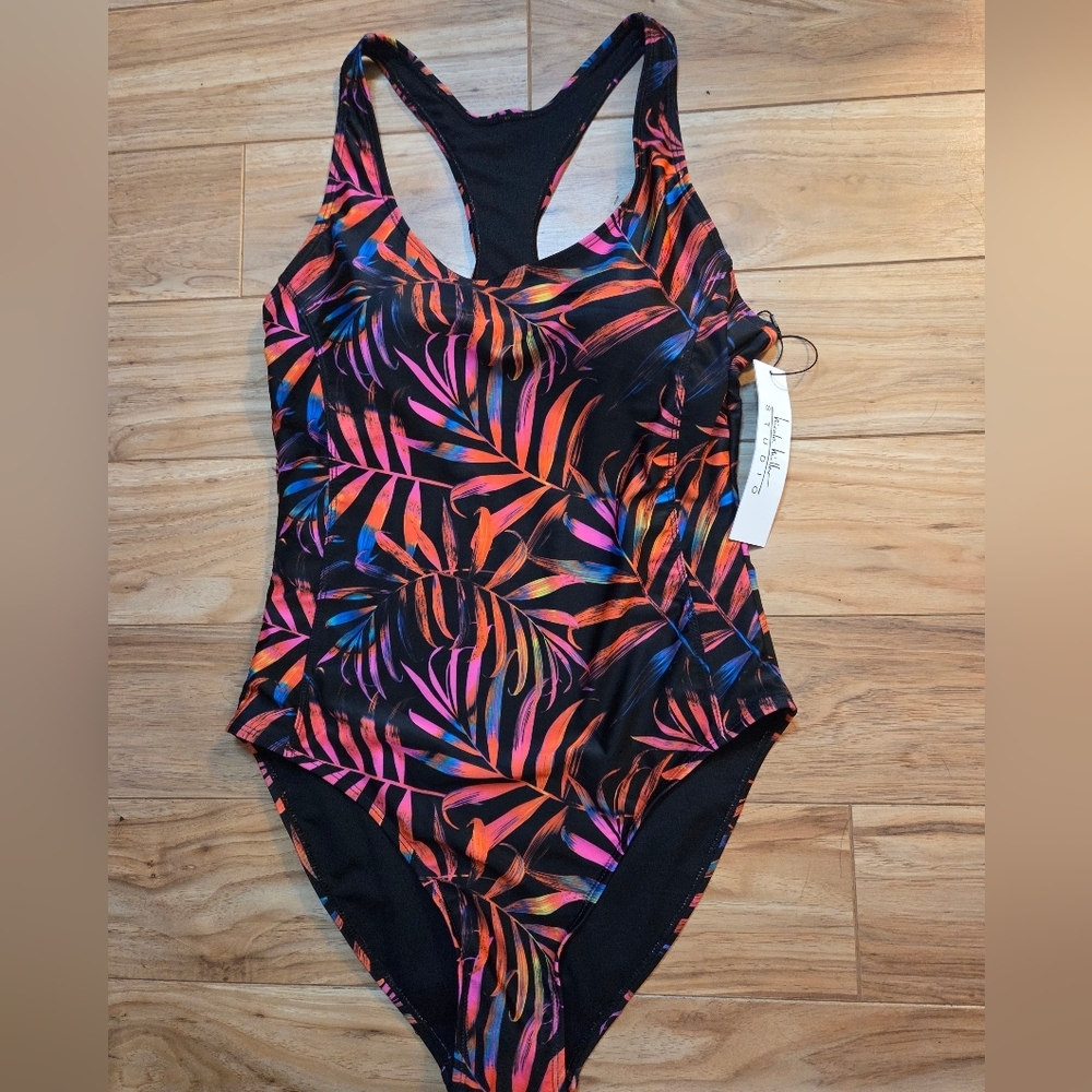 NWT Nicole Miller Electric Palms Racer Back One Piece Swimsuit Size M